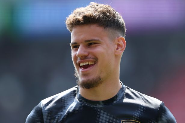 BOURNEMOUTH, ENGLAND - APRIL 27: Milos Kerkez of AFC Bournemouth reacts, during the warm up prior to the Premier League match between AFC Bournemouth and Manchester United FC at Vitality Stadium on April 27, 2025 in Bournemouth, England. (Photo by Ryan Pierse/Getty Images)