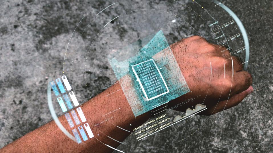 A futuristic concept of advance communication technology depicting a holographic watches display searching the map for location in the city