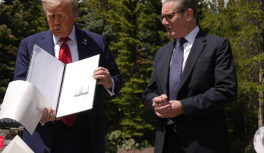 Trump UK trade deal: Video: Trump drops papers of US-UK trade deal at sidelines of G7 Summit, then makes a big blunder