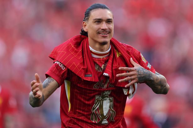 Darwin Nunez celebrates winning the Premier League with Liverpool
