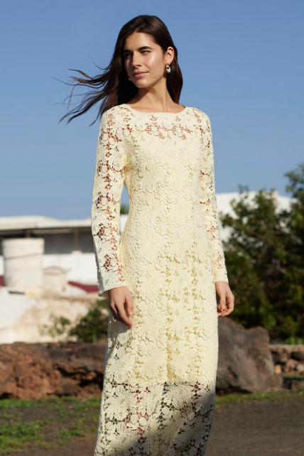 Cream Floral Crochet Knit Dress
