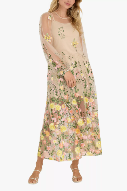 Fuschia Embroidered Long Sleeve Dress, Multi