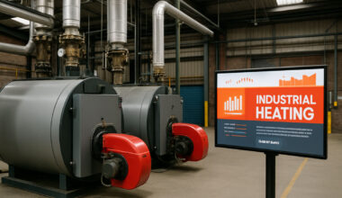 Modern industrial heating equipment in a West Midlands manufacturing facility, representing the region's traditional heating sector embracing digital transformation as companies like FlexiHeat UK partner with marketing agencies to bridge the area's £1.3 billion digital output gap.