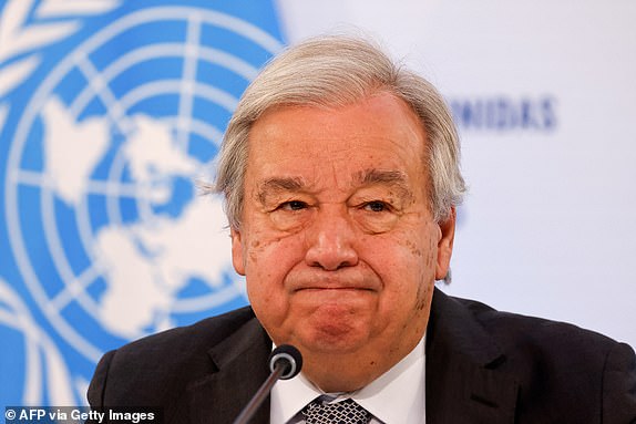 UN Secretary General Antonio Guterres (L) reacts as he addresses the audience during a press conference on the second day of the United Nations Ocean Conference (UNOC3), in the French riviera city of Nice, on June 10, 2025. World leaders called on June 9, 2025 for strict rules to govern deep-sea mining and warned against racing to exploit the ocean floor in a thinly veiled rebuke of US President. (Photo by Ludovic MARIN / AFP) (Photo by LUDOVIC MARIN/AFP via Getty Images)
