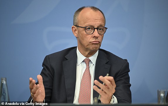 BERLIN, GERMANY - JUNE 18: German Chancellor Friedrich Merz holds a press conference after a meeting with Germany's heads of states in Berlin, Germany on June 18, 2025. (Photo by Halil Sagirkaya/Anadolu via Getty Images)