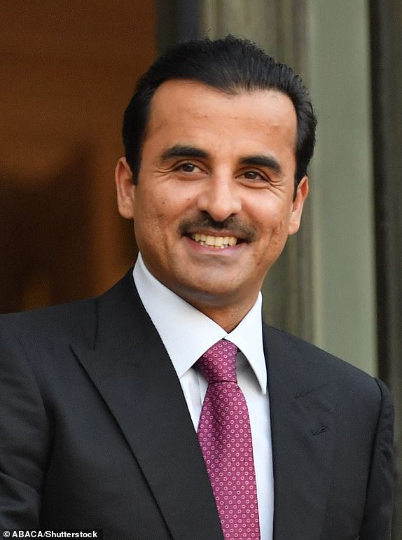Mandatory Credit: Photo by ABACA/Shutterstock (13769705ac) Qatar's Emir Sheikh Tamim bin Hamad al-Thani arrives at the Presidential Elysee Palace to meet with French President in Paris, France on February 15, 2023. Qatar's Emir Meets Macron - Paris, France - 15 Feb 2023
