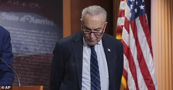 Senate Minority Leader Chuck Schumer, D-N.Y., talks to reporters about Senate Republicans' efforts to pass President Donald Trump's tax cut and spending agenda with deeper Medicaid cuts, at the Capitol in Washington, Wednesday, June 18, 2025. (AP Photo/J. Scott Applewhite)