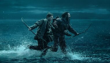 Alfie Williams and Aaron Taylor-Johnson being chased on the causeway. Pic: Sony Pictures Entertainment