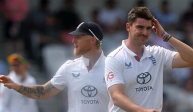 Ben Stokes and Josh Tongue look on after England concede a boundary against India in the Leeds Test