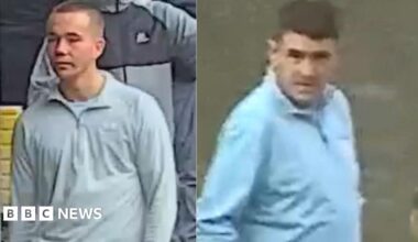 CCTV footage still shot of two men in a collage. The left one has a number one short haircut and is wearing a grey half zip. The right one has brown hair shortish and is wearing a light blue half zip.