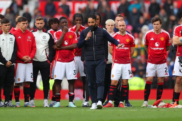 Ruben Amorim speaks to the Old Trafford crowd after the Premier League match between Manchester United FC and Aston Villa FC at Old Trafford. 
