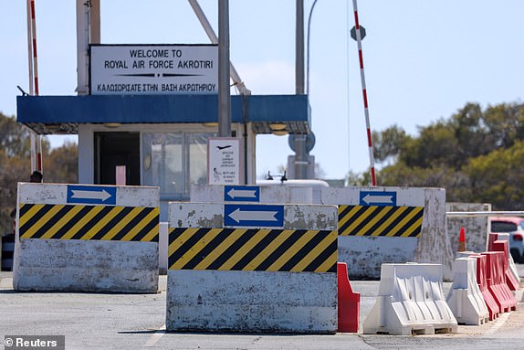 A view of the security gate of RAF Akrotiri, a British military base in Cyprus, September 30, 2024. REUTERS/Elias Marcou