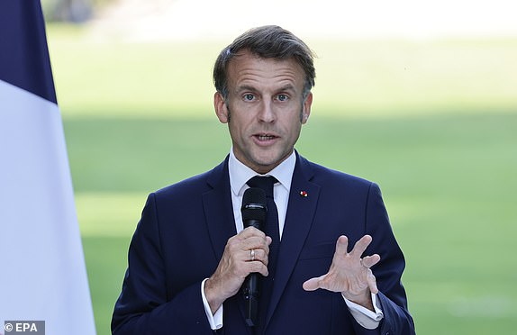 epa12188024 France's President Emmanuel Macron delivers a speech for 'France Music Week', a day before the 'Fete de la Musique', at the Elysee presidential palace in Paris, France, 20 June 2025. France Music Week began on 16 June with events across France, including conferences, roundtables, and concerts, and is expected to conclude on 21 June with a free concert in Paris to mark the 'Fete de la Musique', for which some 35,000 spectators are anticipated.  EPA/THIBAUD MORITZ / POOL  MAXPPP OUT