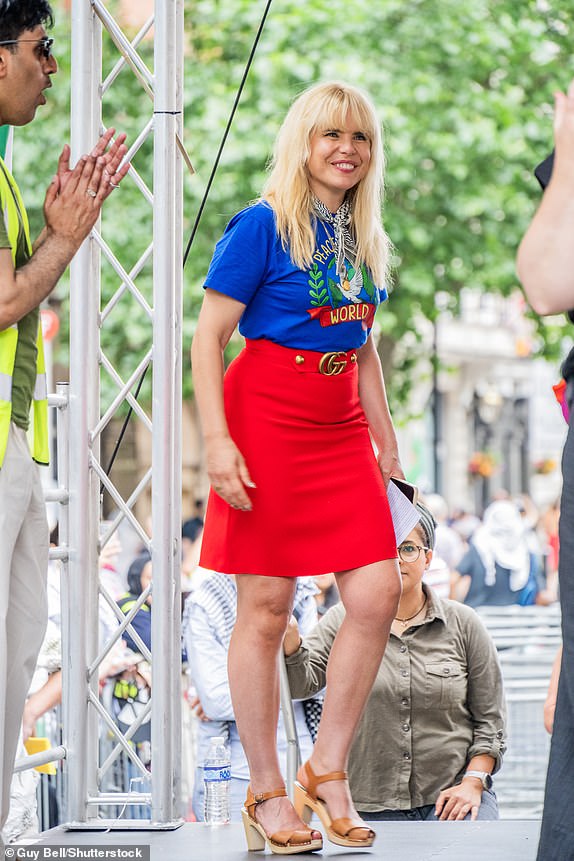Mandatory Credit: Photo by Guy Bell/Shutterstock (15367886a) Paloma Faith speaks to the crowd outside Downing Street - The latest National March for Palestine in London, stating in Russell Square and ending Whitehall. The protest takes place as Israel continues its assault on Gaza under cover of its new assault on Iran. Paloma Faith at a National Demo for Palestine, London., Westminster, UK - 21 Jun 2025