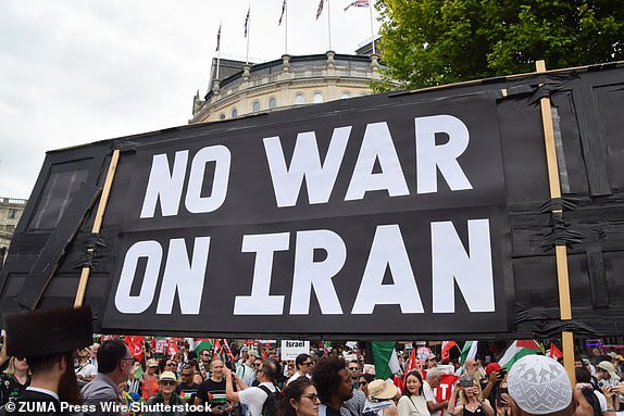 Mandatory Credit: Photo by Vuk Valcic/ZUMA Press Wire/Shutterstock (15367972a) Protesters hold a 'No war on Iran' banner in Trafalgar Square during a march in support of Palestine and in protest against bombing Iran, as Israel continues its attacks on Gaza and launches attacks on Iran. London: Protest In Support of Palestine And Iran, England, United Kingdom - 21 Jun 2025