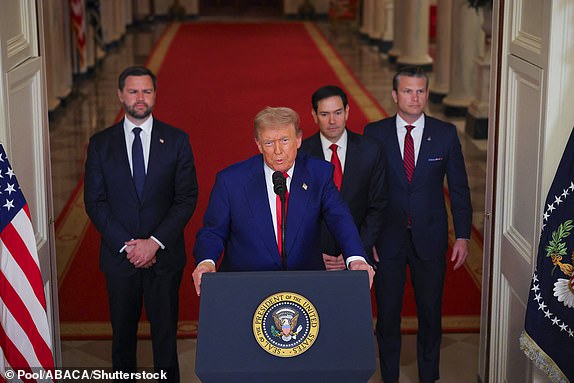 Mandatory Credit: Photo by Pool/ABACA/Shutterstock (15368323a) U.S. President Donald Trump delivers an address to the nation at the White House in Washington, D.C., U.S. June 21, 2025, following U.S. strikes on Iran's nuclear facilities. REUTERS/Carlos Barria/Pool U.S. President Donald Trump delivers an address to the nation at the White House in Washington, following U.S. strikes on Iran's nuclear facilities., United States - 21 Jun 2025