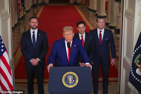 WASHINGTON, DC - JUNE 21: U.S. President Donald Trump delivers an address to the nation from the White House on June 21, 2025 in Washington, D.C. President Trump addressed the three Iranian nuclear facilities that were struck by the U.S. military early Sunday. (Photo by Carlos Barria - Pool/Getty Images)