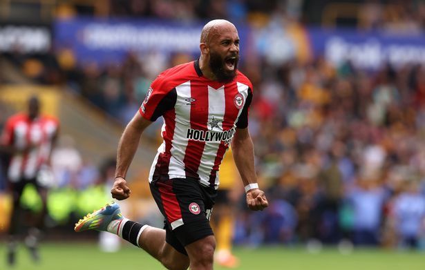 Bryan Mbeumo celebrates after scoring for Brentford away at Wolves.