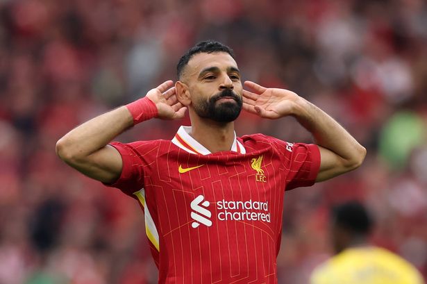 LIVERPOOL, ENGLAND - MAY 25: Mohamed Salah of Liverpool celebrates scoring his team's first goal during the Premier League match between Liverpool FC and Crystal Palace FC at Anfield on May 25, 2025 in Liverpool, England. (Photo by Carl Recine/Getty Images)