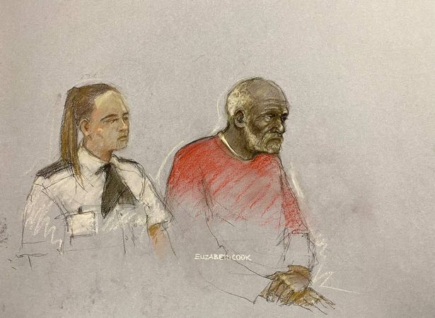 Court sketch of murder accused Ryland Headley alongside an officer