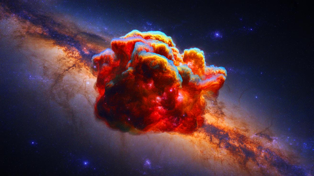 Illustration of a colossal molecular cloud within the Milky Way galaxy. Image generated by AI.