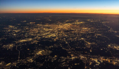 View of London from plane at dawn.