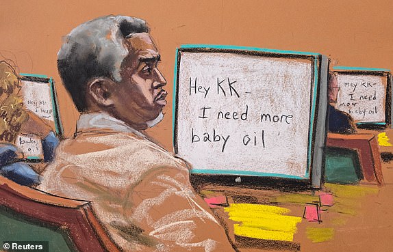 Sean "Diddy" Combs watches proceedings as text messages between him and his former chief of staff Kristina Khorram are shown at Combs' sex trafficking trial in New York City, New York, U.S., June 23, 2025 in this courtroom sketch. REUTERS/Jane Rosenberg