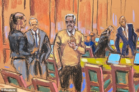 Sean "Diddy" Combs waves to supporters as he arrives with his defense lawyers during Combs' sex trafficking trial in New York City, New York, U.S., June 24, 2025 in this courtroom sketch. REUTERS/Jane Rosenberg