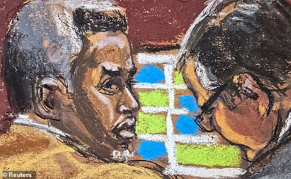 Sean "Diddy" Combs and his defense lawyer Marc Agnifilo watch as Joseph Cerciello, a special agent for Homeland Security Investigations, is questioned by defense lawyer Teny Geragos during Combs' sex trafficking trial in New York City, New York, U.S., June 24, 2025 in this courtroom sketch. REUTERS/Jane Rosenberg
