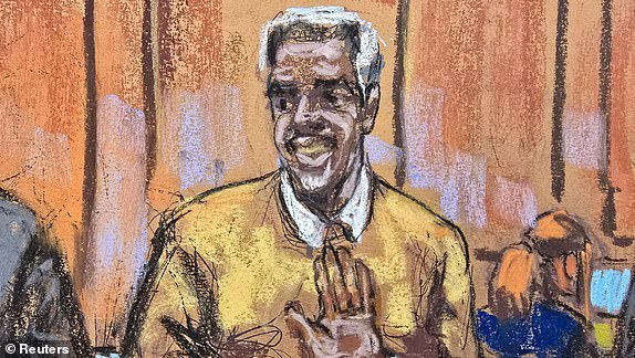 Sean "Diddy" Combs waves to supporters as he arrives with his defense lawyers during Combs' sex trafficking trial in New York City, New York, U.S., June 24, 2025 in this courtroom sketch. REUTERS/Jane Rosenberg