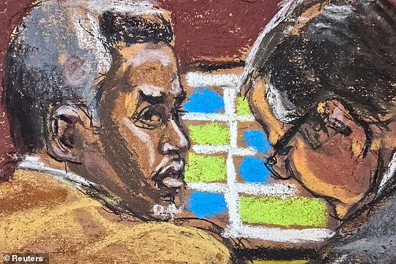 Sean "Diddy" Combs and his defense lawyer Marc Agnifilo watch as Joseph Cerciello, a special agent for Homeland Security Investigations, is questioned by defense lawyer Teny Geragos during Combs' sex trafficking trial in New York City, New York, U.S., June 24, 2025 in this courtroom sketch. REUTERS/Jane Rosenberg