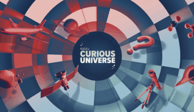 This image shows a navy blue circle with a logo in the center that reads “NASA’s Curious Universe” in white letters with stars in the upper left and bottom right. Surrounding the circle, there are panels of shades of alternative reds and blues with red icons floating. The icons include a plane, planet Saturn, an asteroid with smaller rocks surrounding, a satellite, a question mark, a telescope, molecules, and part of a visualization of a black hole.