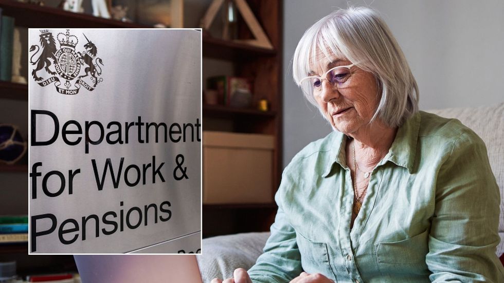 Woman on laptop and DWP logo
