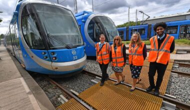 DWP recruitment event to find tram drivers of the future for the Midland Metro. Pictured at the Wednesbury depot - Margarita Rybakova, Cathy Taylor - DWP,  Claire Scrimshire, head of HR at West Midlands Metro and Mario Pina.