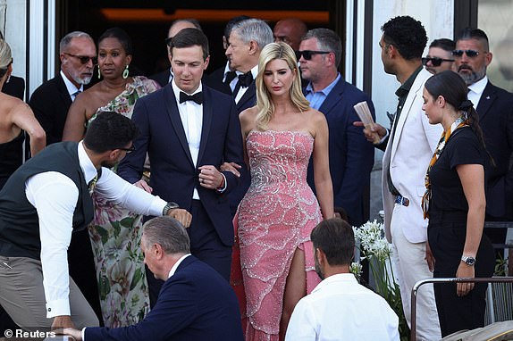Ivanka Trump and her husband Jared Kushner leave the St. Regis hotel, on the second day of the wedding festivities of Amazon founder Jeff Bezos and journalist Lauren Sanchez, in Venice, Italy, June 27, 2025. REUTERS/Guglielmo Mangiapane