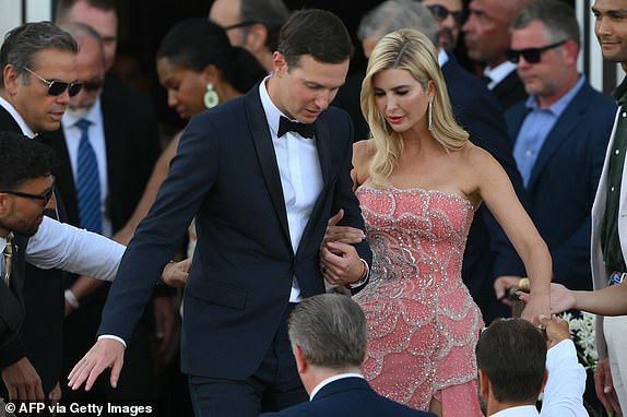 US businessman Jared Kushner and his wife Ivanka Trump leave the St Regis Hotel on the wedding day of Amazon founder Jeff Bezos with Lauren Sanchez, in Venice on June 27, 2025.  (Photo by Marco BERTORELLO / AFP) (Photo by MARCO BERTORELLO/AFP via Getty Images)