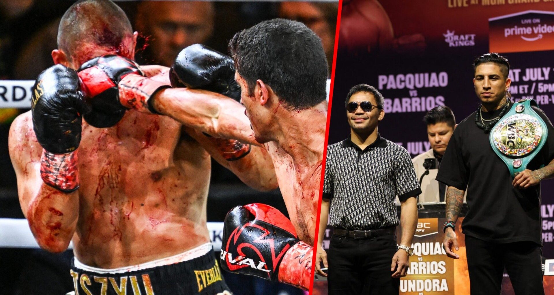 Tim Tszyu takes a left straight to the face from Sebastian Fundora, both men are covered in blood split with Manny Pacquiao stood beside Mario Barr...