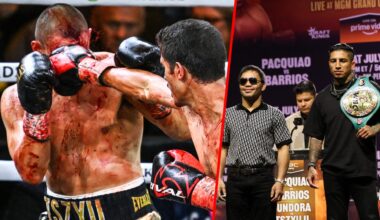 Tim Tszyu takes a left straight to the face from Sebastian Fundora, both men are covered in blood split with Manny Pacquiao stood beside Mario Barr...