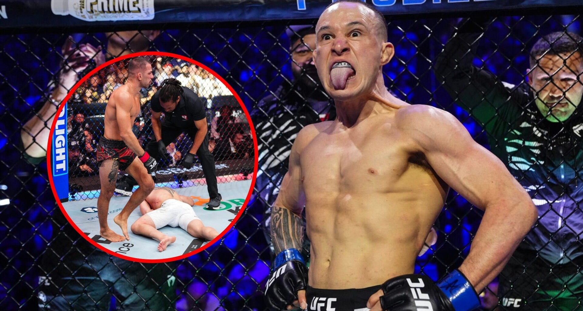 Main: Kai Kara-France in the cage ahead of his title fight against Alexandre Pantoja at UFC 317. Inset: Alexandre Pantoja celebrates after submitti...