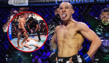 Main: Kai Kara-France in the cage ahead of his title fight against Alexandre Pantoja at UFC 317. Inset: Alexandre Pantoja celebrates after submitti...