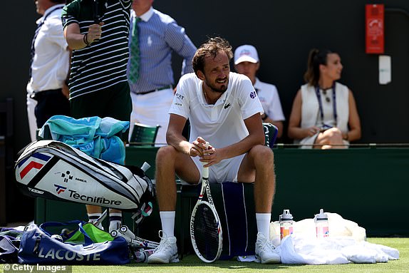 LONDON, ENGLAND - JUNE 30: Daniil Medvedev reacts during a break between sets against Benjamin Bonzi of France during the Gentlemen's' Singles first round match on day one of The Championships Wimbledon 2025 at All England Lawn Tennis and Croquet Club on June 30, 2025 in London, England. (Photo by Clive Brunskill/Getty Images)