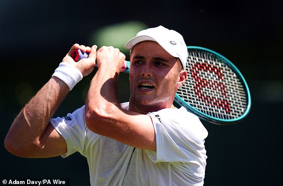 Arthur Fery during his match against Alexei Popyrin on day one of the 2025 Wimbledon Championships at the All England Lawn Tennis and Croquet Club, London. Picture date: Monday June 30, 2025. PA Photo. Photo credit should read: Adam Davy/PA Wire.RESTRICTIONS: Editorial use only. No commercial use without prior written consent of the AELTC. Still image use only - no moving images to emulate broadcast. No superimposing or removal of sponsor/ad logos.