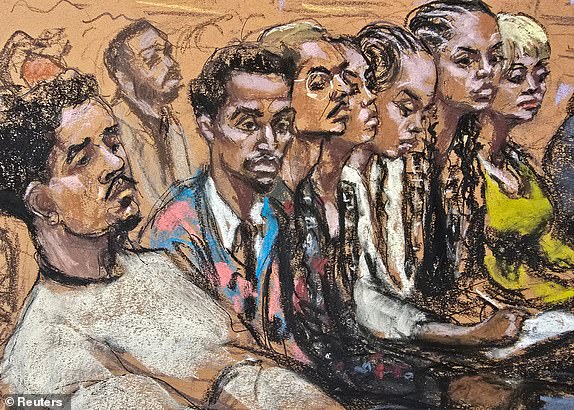 Sean Combs' family, including his children and his mother, sits in the courtroom during Combs' sex trafficking trial in New York City, New York, U.S., June 27, 2025 in this courtroom sketch. REUTERS/Jane Rosenberg