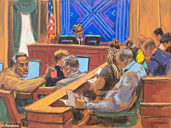 Sean "Diddy" Combs passes a note to his attorney Marc Agnifilo as U.S. District Judge Arun Subramanian gives legal instructions to the jury, during Combs' sex trafficking trial in New York City, New York, U.S., June 30, 2025 in this courtroom sketch. REUTERS/Jane Rosenberg