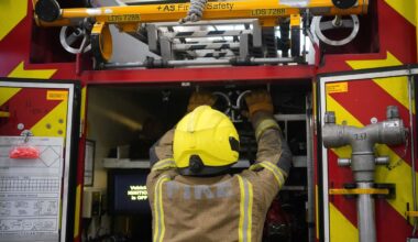 A firefighter tests equipment at London Fire Brigade