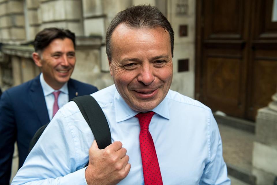 Arron Banks (right) and Andy Wigmore (left) leave Portcullis House on June 12, 2018 (Getty Images)