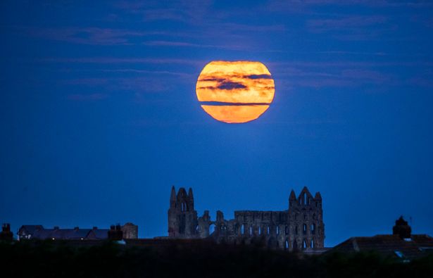 The Supermoon rises above Whitby Abbey in Yorkshire.