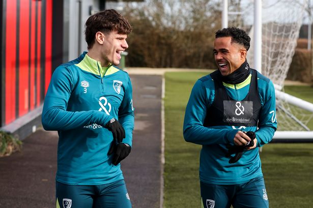 Milos Kerkez with Justin Kluivert of Bournemouth during a training session at Vitality Stadium on February 05, 2025