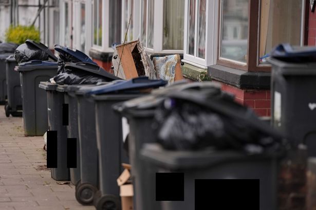 Overflowing bins in the Sparkhill area of Birmingham in March 2025