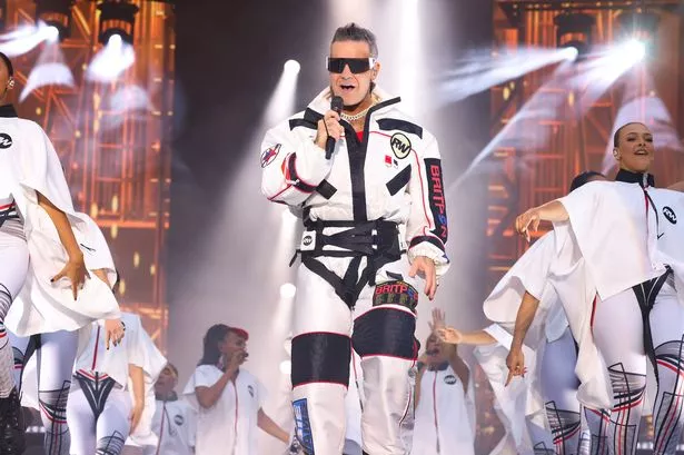 Robbie Williams on stage at Bath's Royal Crescent on Friday, June 13, 2025